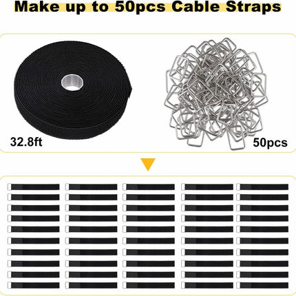 1"x32ft Hook & Loop Straps – 50 Metal Buckles, Adjustable Cable Ties Black
