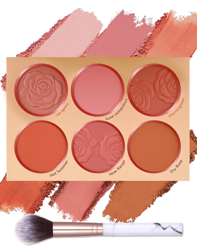 6-Color Blush Palette, High-Pigment Matte Powder Blush & Contour with Brush