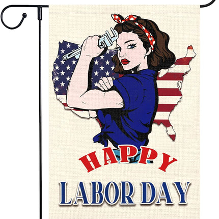 Happy Labor Day Woman Garden Flag 12x18 Double Sided Burlap USA Flag Only