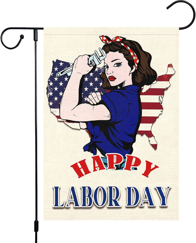 Happy Labor Day Woman Garden Flag 12x18 Double Sided Burlap USA Flag Only