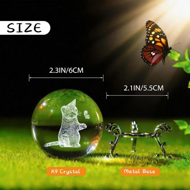 3D Cat Crystal Ball – 60mm Laser Engraved Glass Kitty with Stand, Gift for Women
