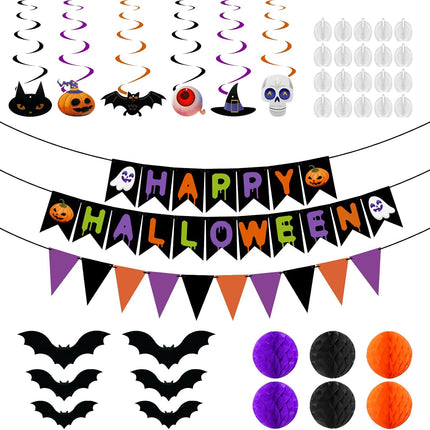 Halloween Decoration Set, Honeycomb Balls, Spiral Ribbons, 3D Bats & 20 Hooks