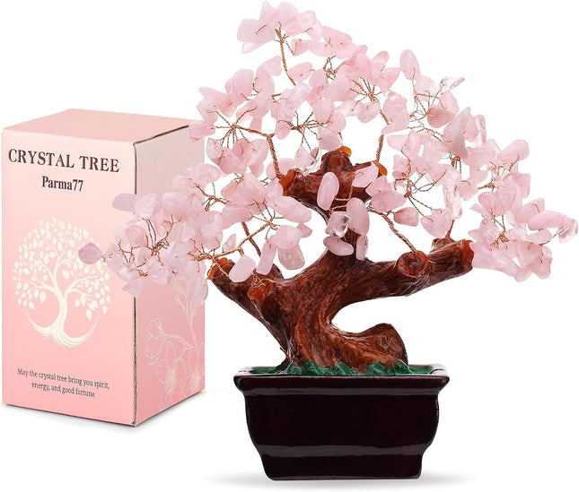 Pink Rose Quartz Cherry Blossom Bonsai Tree, 7-Inch Feng Shui Crystal Home Decor
