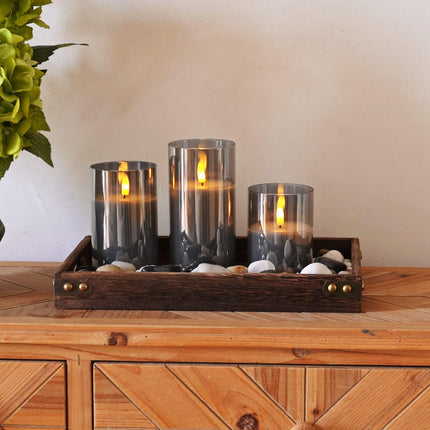 Grey Glass Flameless Candles – LED Pillar with Remote, Timer, Set of 3 (D3xH4, 5, 6)