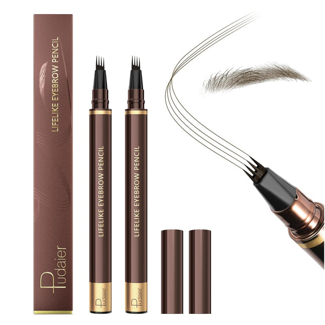 2PCS Waterproof Microblading Eyebrow Pens, 4-Tip Hair-Like Brow Pencil, Medium Brown