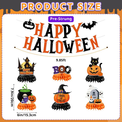 Happy Halloween Decorations Set, Banner & Honeycomb Pumpkin Ghost Witch Centerpieces