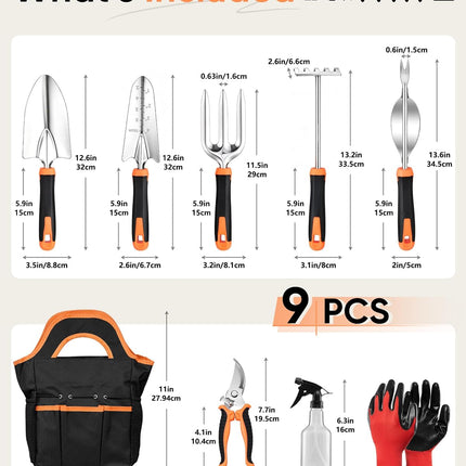 9Pcs Stainless Steel Garden Tool Set with Storage Bag, Heavy Duty, Rust Resistant