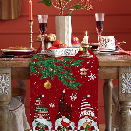 Christmas Red Table Runner – 72" Cotton Linen Gnomes & Cardinals Decor