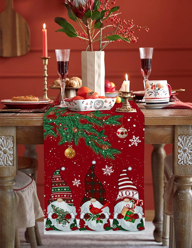 Christmas Red Table Runner – 72" Cotton Linen Gnomes & Cardinals Decor