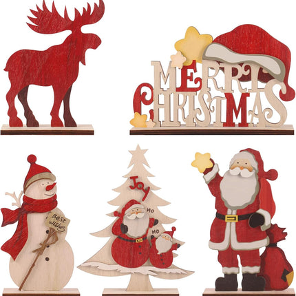 5PCS Rustic Wooden Christmas Tabletop Decor – Snowman, Reindeer & Santa