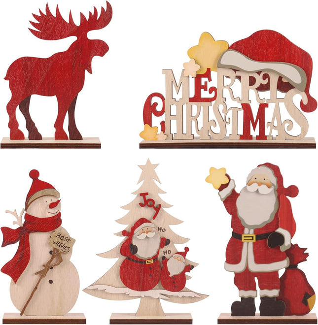 5PCS Rustic Wooden Christmas Tabletop Decor – Snowman, Reindeer & Santa