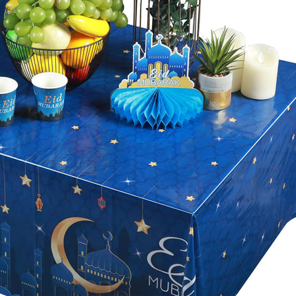 3-Piece Eid Mubarak Tablecloth Set Blue 54x108" Ramadan Party Decor