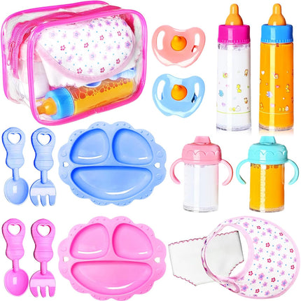 15Pcs Baby Doll Accessories Set, Pretend Feeding Toys with Bottles & Pacifiers