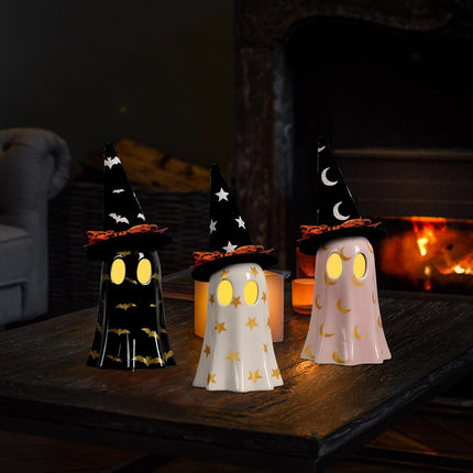 3-Piece Halloween Ceramic Ghost Figurines with Witch Hats, Mantel & Table Decor