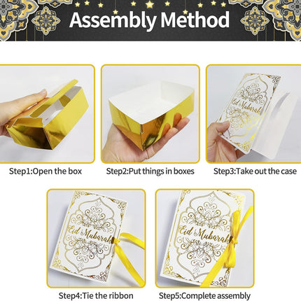 12 Pcs Ramadan Eid Mubarak Favor Boxes – Square Candy Boxes with Golden Ribbon