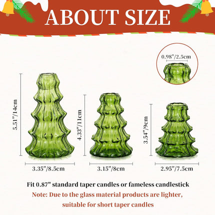 3PCS Green Glass Candle Holders Christmas Tree Ribbed Table Centerpiece