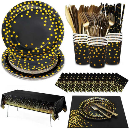 129pcs Black & Gold Party Set – Plates, Cups, Napkins & Cutlery for 16 Guests