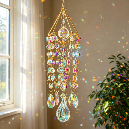 21.5" Crystal Suncatcher, Gold-Plated Glass Prism Rainbow Maker, Indoor Outdoor Window Decor