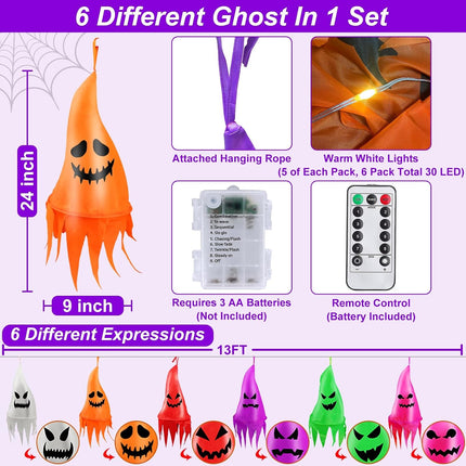 6-Piece 13FT Light-Up Halloween Ghosts with Witch Hats, 8 Modes, Remote Control