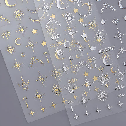 12-Sheet Silver Gold Moon Star Nail Art Stickers, 3D Self-Adhesive Decals