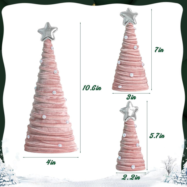 Christmas Indoor Decorations – 3-Piece Pink Velvet Cone Trees with Pearls for Table Decor