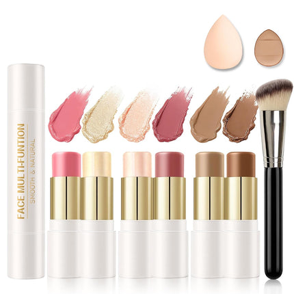6 Colors Dual-Ended Contour Bronzer Blush Makeup Stick Set, Buildable Cheek Kit