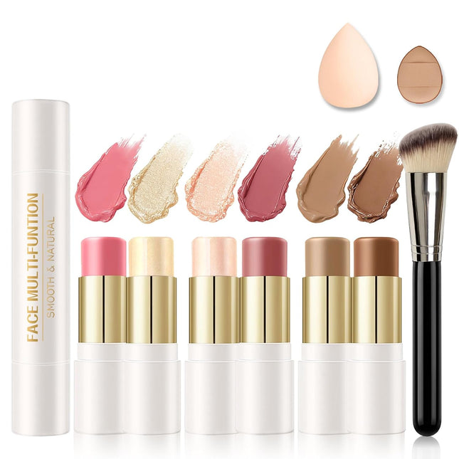 6 Colors Dual-Ended Contour Bronzer Blush Makeup Stick Set, Buildable Cheek Kit
