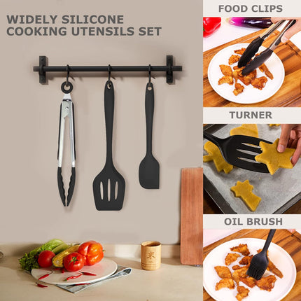 5PCS Silicone Kitchen Utensils Set with Holder Heat Resistant Black