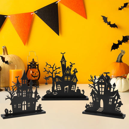 3-Piece Halloween Wooden Table Centerpieces, Double-Sided Ghost House Decorations