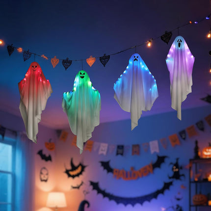 2-Piece Color-Changing Light-Up Hanging Ghosts, Auto-Timer Halloween Yard Decor
