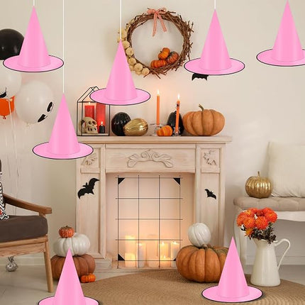 12 Hanging Black & Pink Witch Hats with 16 3D Bat Stickers, Halloween Decor