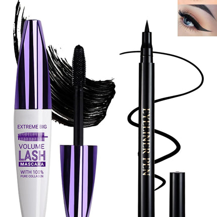 Black Waterproof Mascara & Eyeliner Set 5D Silk Fiber Volume Lengthening
