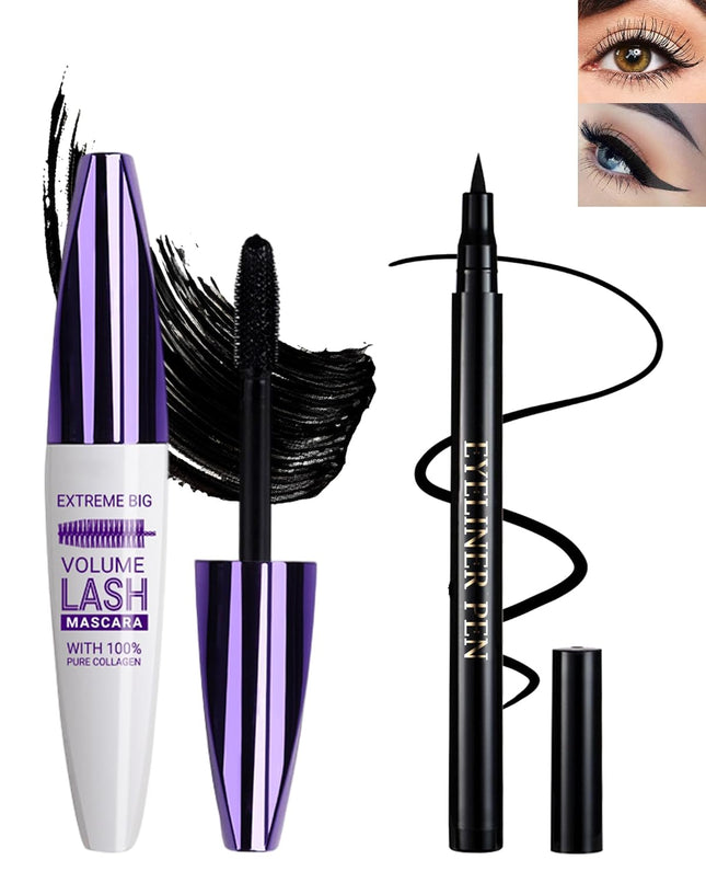 Black Waterproof Mascara & Eyeliner Set 5D Silk Fiber Volume Lengthening