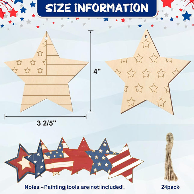 24 Pcs 4th of July Wooden Stars Crafts DIY Paintable Patriotic Cutouts