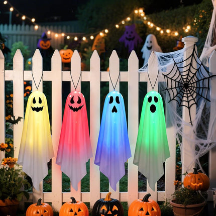 4-Pack Light-Up Hanging Ghosts, Halloween Haunted House Decor for Indoor & Outdoor