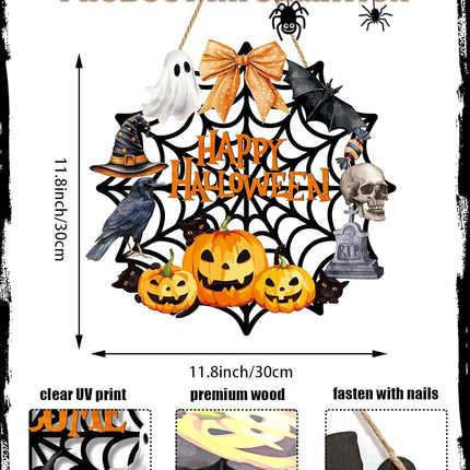Halloween Wooden Wreath Welcome Sign, Spider Web Ghost Cat Pumpkin Front Door Decor