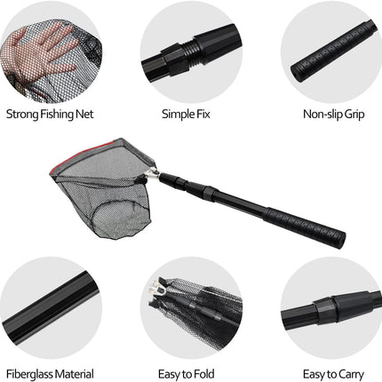 Aluminum Collapsible Fishing Net, Telescopic Pole, Non-Slip Handle, 37"-85"