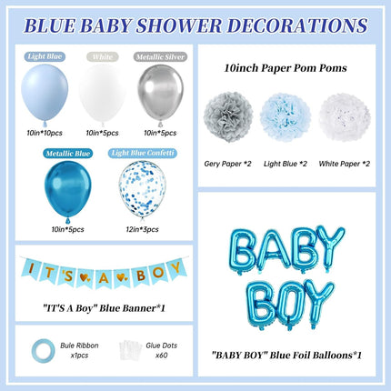 Blue Grey Baby Shower Party Decorations with Silver Balloons Banner Set