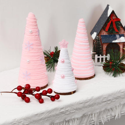 3PCS Pink & White Mini Yarn Christmas Trees, Farmhouse Table & Tiered Tray Decor