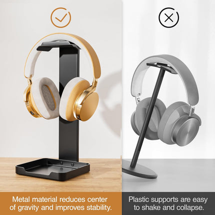 Black Metal Headphone Stand – Stable Holder with Bottom Storage Tray