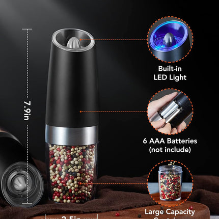 Gravity Electric Salt & Pepper Grinder Set – LED, Adjustable Coarseness, Black