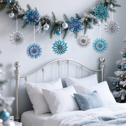 9pcs Blue Christmas Ornaments – 3D White Paper Snowflake Hanging Decor