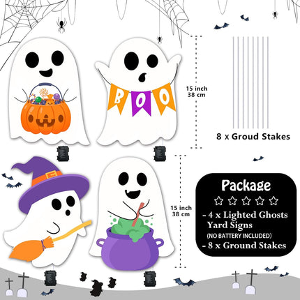 4-Pack Lighted Halloween Ghost Yard Signs, Witch Pumpkin Boo Lawn Stake Decorations