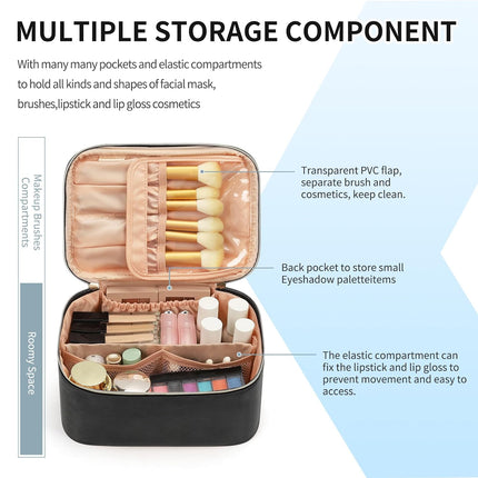 Large Makeup Bag, Portable Cosmetic Travel Case with Handle & Divider, Black