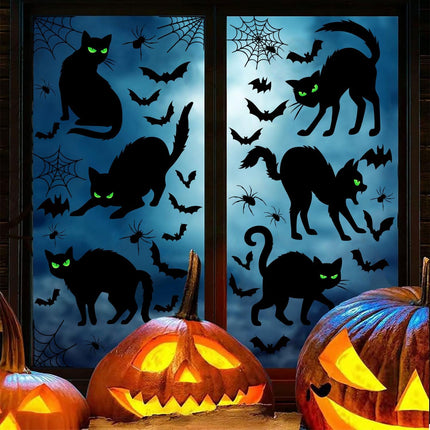 6-Sheet Halloween Black Cat Window Clings, Bat & Spider Web Silhouette Decals