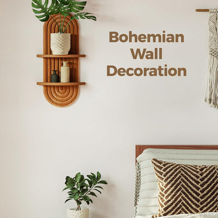 Boho Wooden Plant Wall Shelf, 2-Tier Arched Floating Shelves, Brown Mid-Century Decor