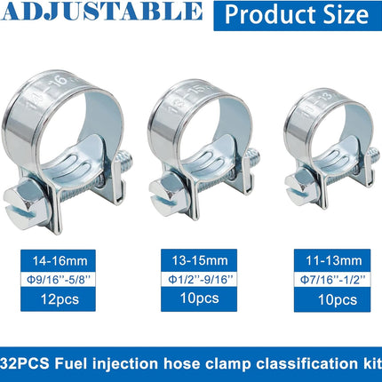 32Pcs Fuel Injection Hose Clamps Kit – 1/4", 5/16", 3/8", for Diesel & Petrol Pipes
