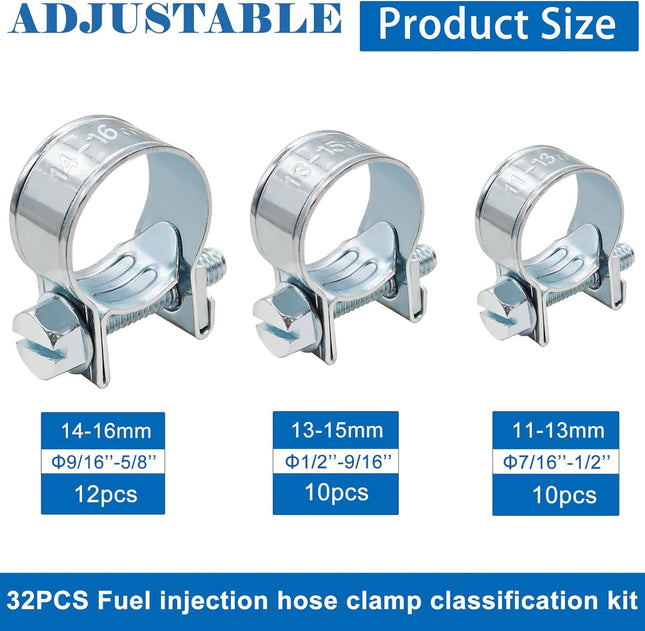 32Pcs Fuel Injection Hose Clamps Kit – 1/4", 5/16", 3/8", for Diesel & Petrol Pipes