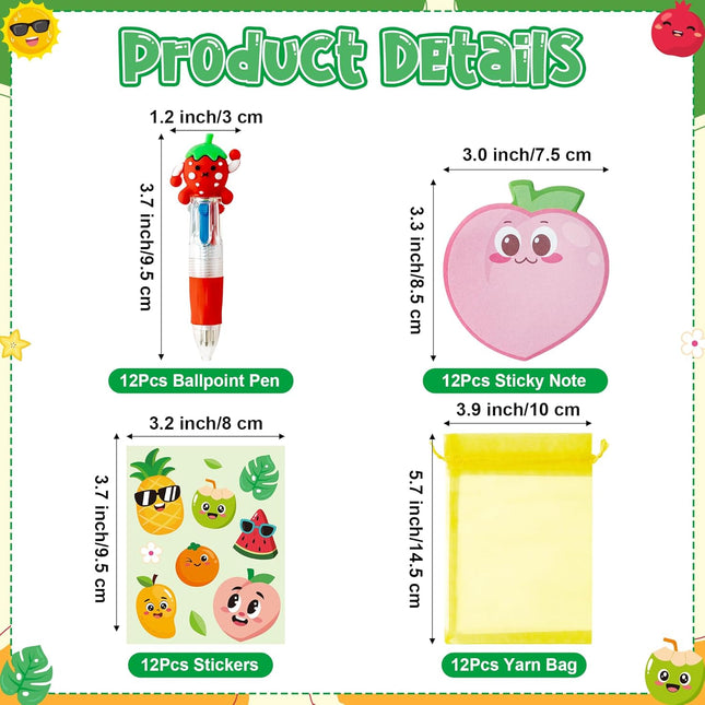 Fruit Stationery Gift Set – 12 Pack with 4-in-1 Pens, Sticky Notes & Party Favors