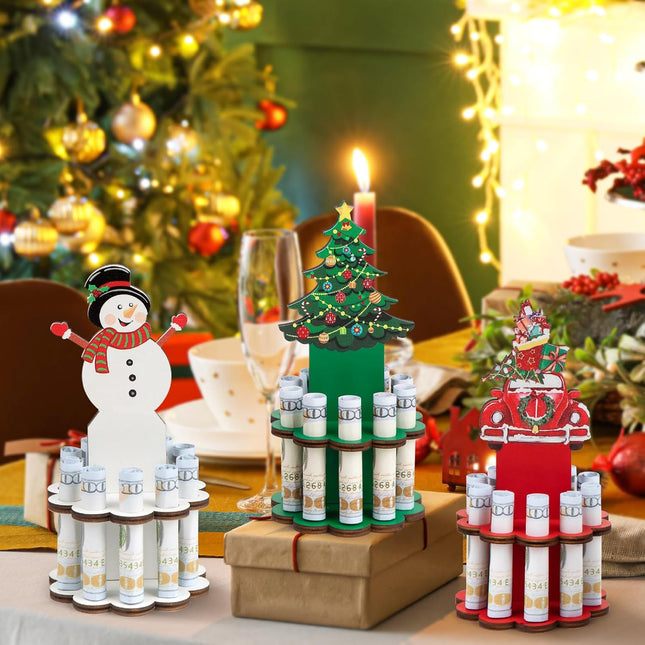 3 Pcs Christmas Money Holders – Wooden Ornament Holders with 10 Holes for Cake & Gifts